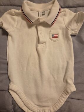 Janie and Jack Cream Polo Bodysuit with Navy & Red Trim